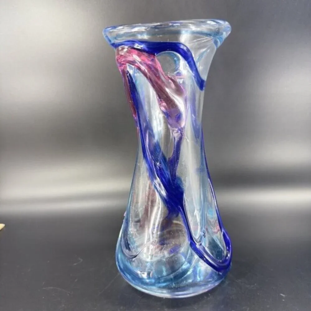 1997 Hand Blown Studio Art Glass Vase‎ Artist Signed JENN Multicolor Threads VTG